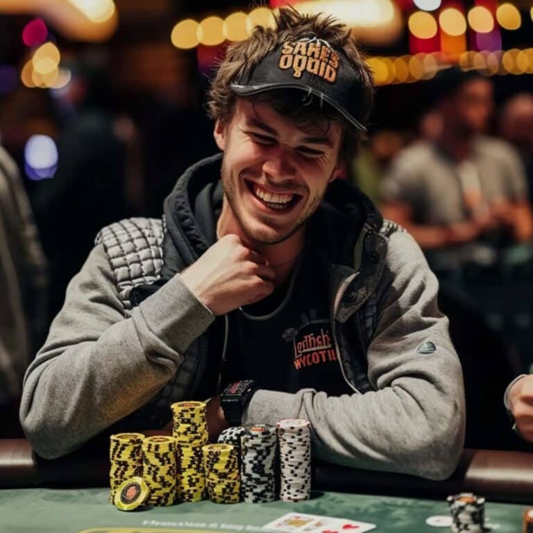 Pokerin pelaaja on juuri voittanut ison potin texas holdem korttipelissä